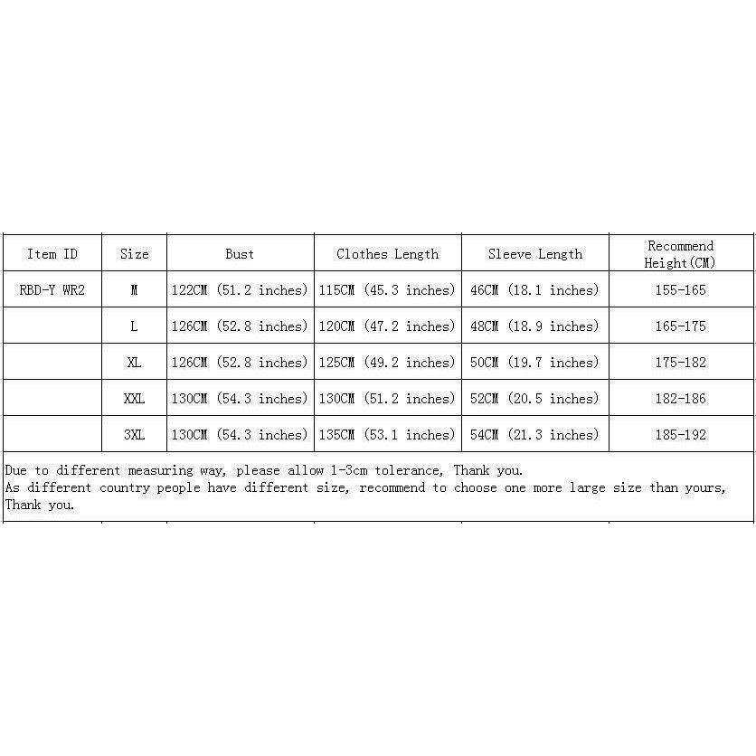 Size chart for hooded Luxury Hotel Spa Robe